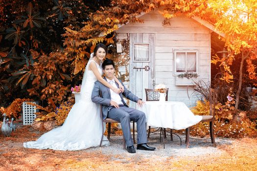 Asian bride and groom in autumn park and sunlight