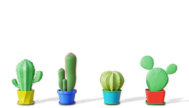 Four cactus difference species in cartoon minimal style with a white background. Copy space for your heading on top of the object. The concept of lover and like cactus. 3D illustration rendering.