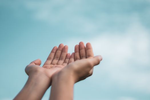 Woman hands place together like praying in front of nature green bokeh and blue sky  background.