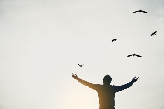 Man rise hands up to sky looking at birds fly through metaphor freedom concept with sunset sky black and white tone background.