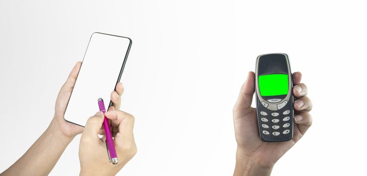 Close up hands hold mobile phone and smartphone with digital pen isolated on white background. Concept of Future technology mobile .