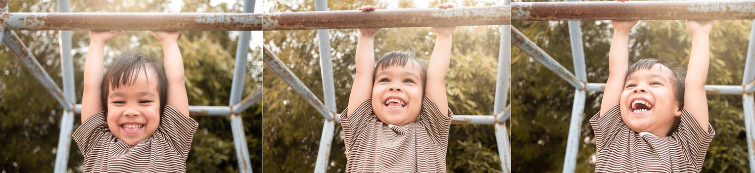 Set picture of Cute Asian little girl hanging the monkey bars by her hand to exercise at out door playground on sunny day.