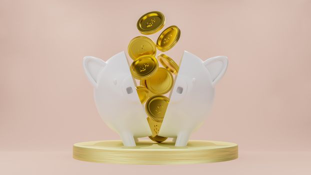 3d rendered illustration of gold coins pouring in to 2 halved white piggy banks on gold geometric textured plateform. Pastel old rose color background.