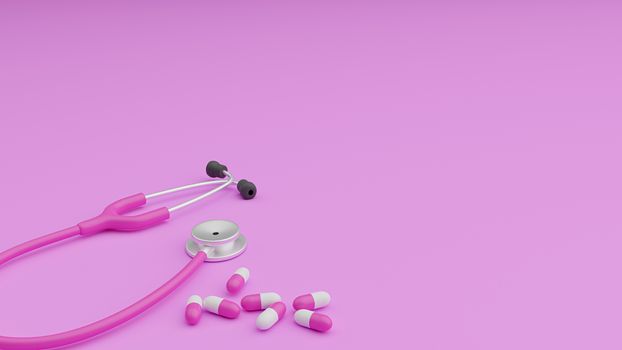 3D render illustration of a pink stethoscope and white and pink capsules on pink background.