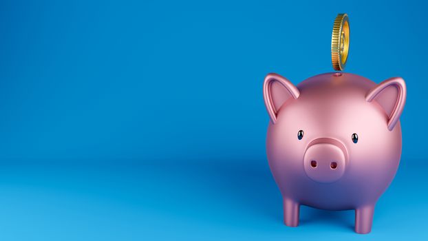 3D rendered image of a metallic pink piggy bank and a gold coin on blue background.
Category
Business
