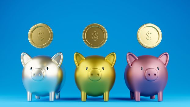 3 D rendered illustration of piggy banks in three different type of gold shaddings, white gold, metallic gold, and rose gold, with gold coins. Blue background. Business and finance concept.