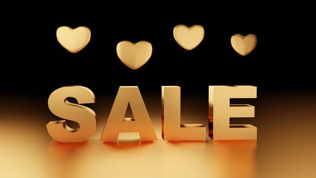 3 D rendered illustration of gold hearts and a sale text.