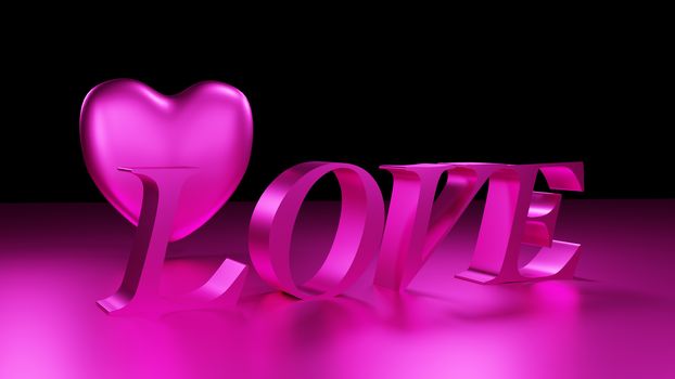 3D rendered illutration of a word love and a heart on pink background.