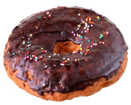 Chocolate donut covered with icing with sugar chips isolated white background top view.