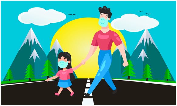 man is crossing the road with her daughter