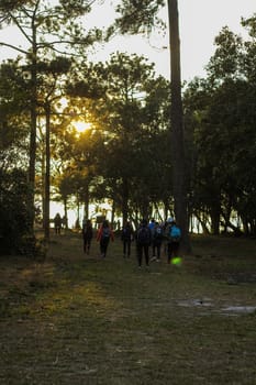 People walked to watch the sunset. And evening view at Pha Lom Sak, Phu Kradueng National Park, Loei, Thailand.