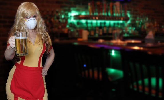 Waitress With N95 Mask To Prevent Illness Sports Bar Background