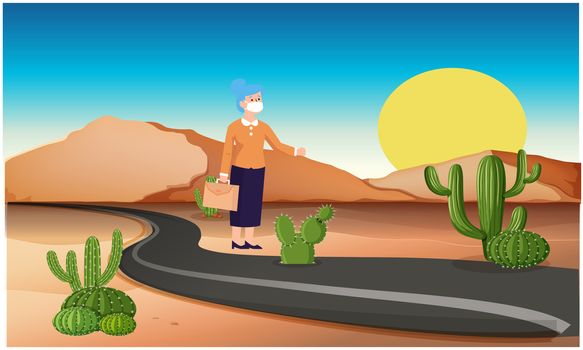 old woman standing on a road in the desert