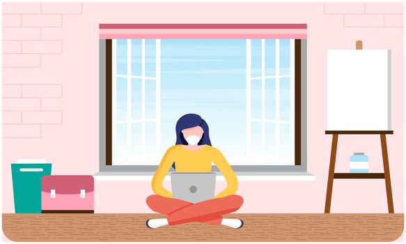 woman is sitting on the ground and working on laptop at home