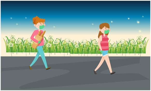 two girls are walking on the road in the evening