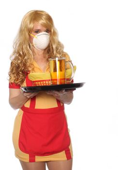 Restaurant and Bar Waitress Wearing Face Mask To Prevent illness Isolated on White Background