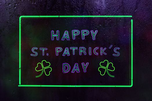 St. Patrick's Day Neon Sign in Rainy Window
