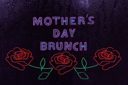 Neon Mother's Day Brunch Sign in Rainy Window