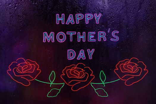 Neon Happy Mother's Day Sign in Rainy Window