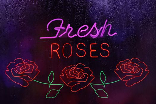 Neon Fresh Roses Sign in Rainy Window Photo Composite