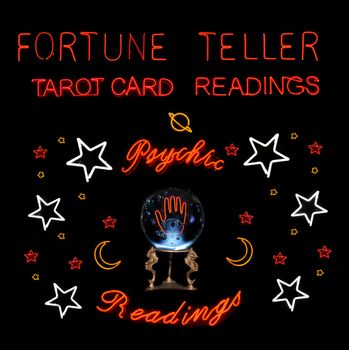 Fortune Teller Neon Sign With Crystal Ball Photo Composite