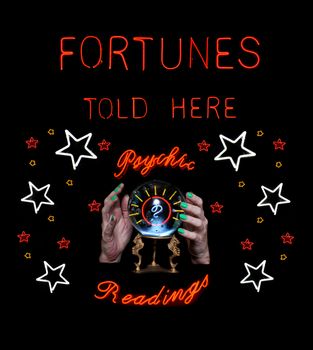 Neon Fortune Teller Sign With Crystal Ball Photo Composite