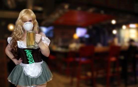Tavern Waitress With N95 Mask to Prevent Illness