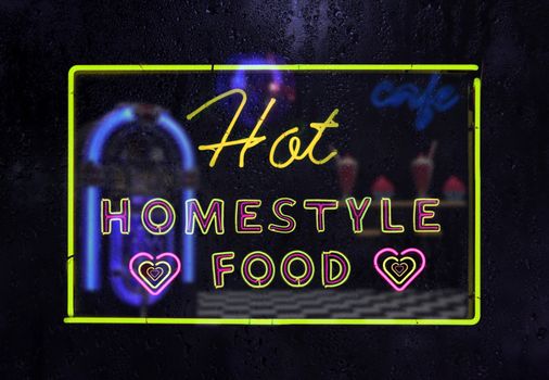 Hot Homestyle Food Neon Sign in Rainy Window