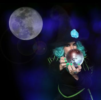 Witch With Crystal Ball and Full Moon Psychic Witch