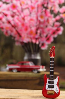 Guitar with Vintage Car and Cherry Blossoms, Shallow DOF