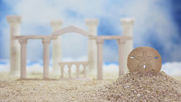 Seashell on Tropical Beach With Roman Style Ruins, Shallow DOF