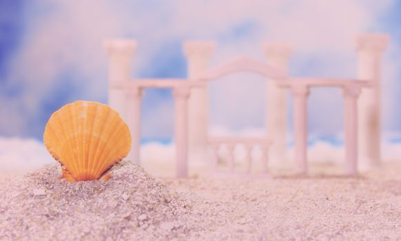 Seashell on Tropical Beach With Roman Style Ruins Shallow DOF, Focus on Shell