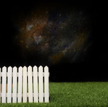 Wooden Fence With Grass and Moon, Blurred Glitter Background