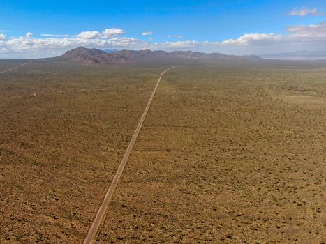 Aerial view of endless desert straight dusty asphalt road in Joshua Tree Park. USA. Long straight tarmac road heading into the desert to the direction of Arizona.