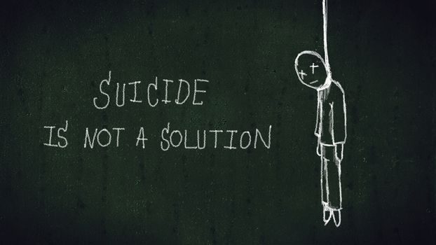 word "suicide is not a solution" with illustrations of hanging man with rope on chalkboard