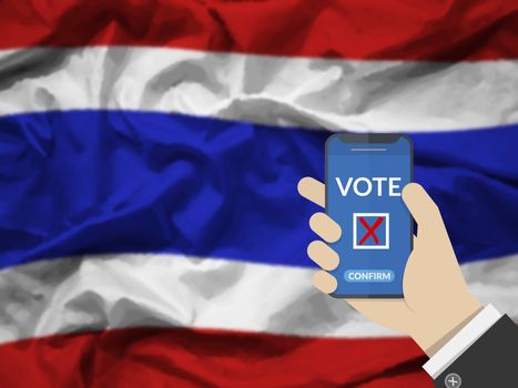 online vote , poll, exit poll for Thailand general election concept. hand holding phone and confirm vote via mobile phone casting a ballot at elections during voting on canvas Thailand flag background