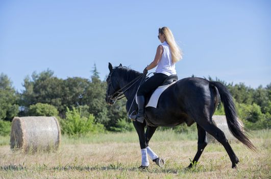  riding girl are training her black horse