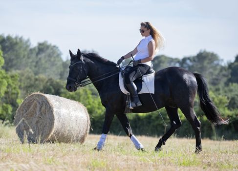  riding girl are training her black horse