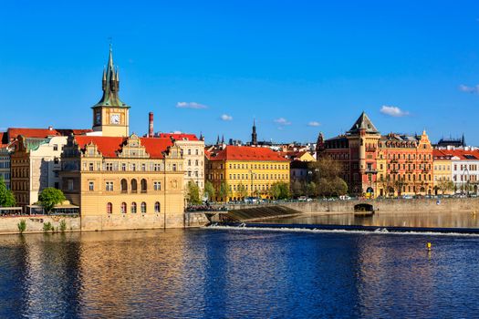 Prague Stare Mesto embankment view from Charles bridge. Prague, Czech Republic