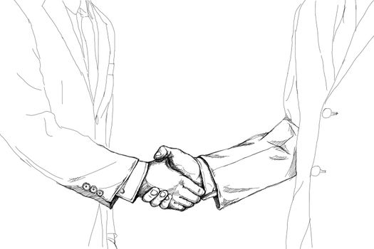 creative drawing sketch of two businessman shaking hand each other for make a deal after the agreement isolated on white background