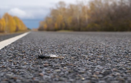 Lost bunch of keys lying on the side of the road near the asphalt pavement of the roadway