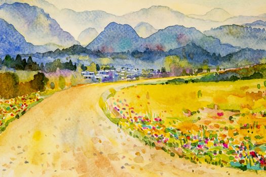 Watercolor landscape painting colorful of mountain and meadow in the Panorama view and emotion rural society, nature beauty skyline background. Hand painted semi abstract illustration in Asia.