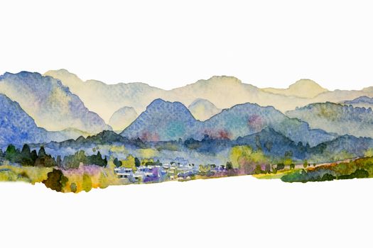 Watercolor landscape painting colorful of mountain meadow with decoration in the Panorama top view and emotion rural society, nature beauty whtie background. Hand painted semi abstract illustration.