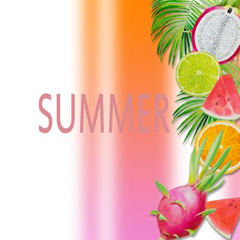 Summer holiday, Paintings fruit with watermelon, dragon fruit and lemon. Hand drawn watercolor painting colorful illustration of poster wallpaper for fun party promotion banner in colorful background.