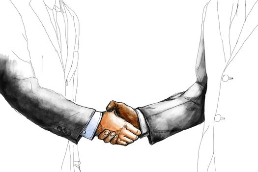 creative drawing sketch of two businessman shaking hand each other for make a deal after the agreement isolated on white background