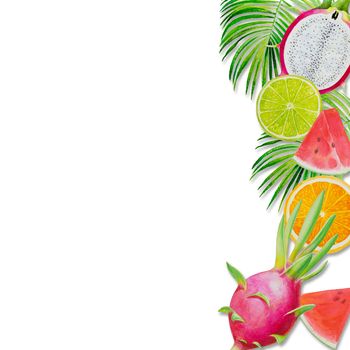 Summer holiday, Paintings fruit with watermelon, dragon fruit and lemon. Hand drawn watercolor painting colorful illustration of poster wallpaper for fun party promotion banner in white background.