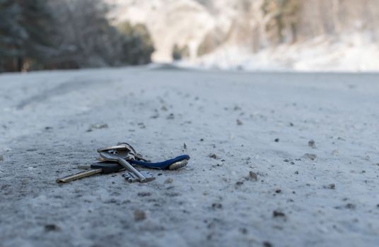 Lost a bunch of keys lying on the side of the road in the winter on the snow, near the roadway