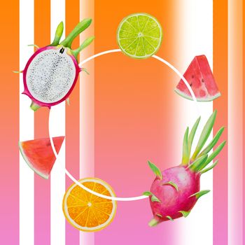 Summer holiday, Paintings fruit with watermelon,dragon fruit and lemon. Hand drawn watercolor painting colorful illustration of poster wallpaper for fun party promotion banner in color line background