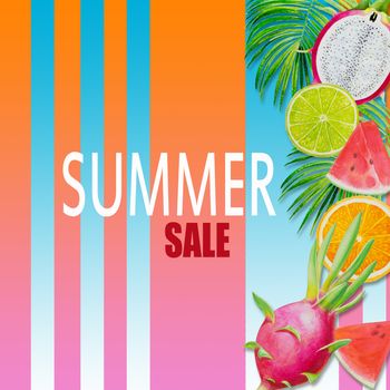 Summer sale, Paintings fruit with watermelon, dragon fruit and lemon. Hand drawn watercolor painting colorful illustration of poster wallpaper for fun party promotion banner in color line background.