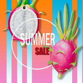 Summer sale with holiday. Paintings fruit dragon fruit and text. Hand drawn watercolor painting colorful illustration of poster wallpaper, fun party discount promotion banner in color line background.